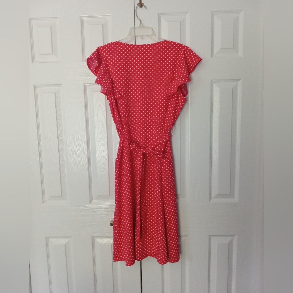 Polka Dot Dress Red A Line Button Up V Neck Midi Ties Large - Picture 7 of 8